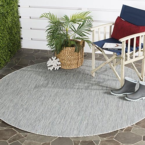 SAFAVIEH Outdoor Round Rug 6'7" - Courtyard Collection - Coastal Design, Grey & Navy, Durable & Easy Cleaning, Ideal for Patio, Entryway, Mudroom, Deck, Backyard (CY8022-36812) by Unknown