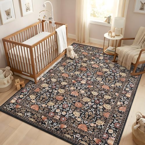 GarveeHome Dark Brown Floral 4x6 Area Rug for Nursery Bedroom by GarveeHome