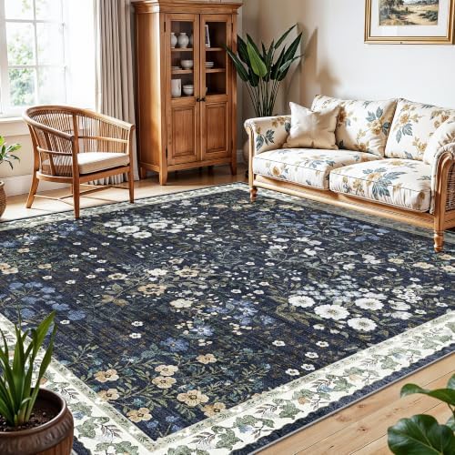 8x8 Square Area Rug Living Room, Non-Slip Floral Washable 8ft Square Rug Low Pile Thin Indoor Carpets for Dining Room Bedroom Office High Traffic Area Boho Vintage Home Decor (8ft Square, Blue) - Image 3