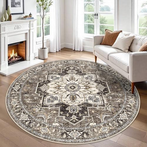 RUUGME Ultra-Thin Washable Round Rug - 6ft Large Dining Room Round Area Rug Vintage Stain Resistant Carpet for Living Room Bedroom Non-Slip Backing Soft Low Pile Floor Mat for Nursery(Beige,6'Round) - Image 2