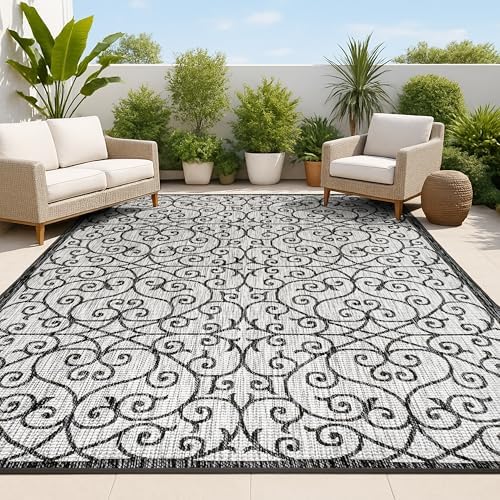 JONATHAN Y Vintage Filigree Indoor Outdoor Area Rug 10X14 Light Gray/Black, Madrid Textured Weave for Backyard, Patio, Porch, Easy-Cleaning, High Traffic, Pet-Friendly, Non-Shedding (SMB107E-14) by JONATHANY