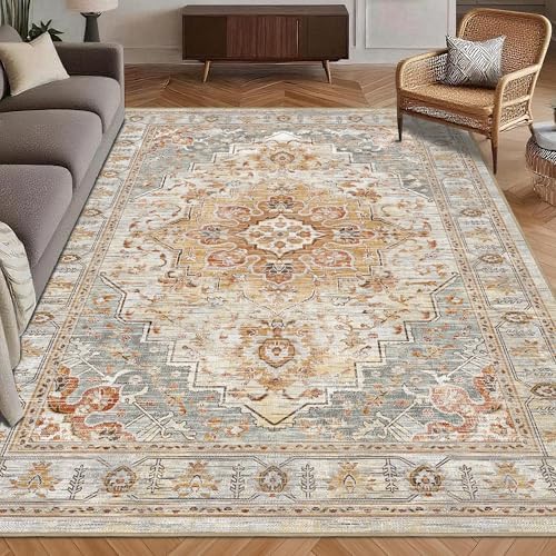 Washable Area Rug 5' x 7' Vintage Traditional Persian Mat - Foldable Distressed Non-Slip Machine Washable Carpet for Living Room Bedroom Kitchen Home Decor - Dove Gray and Coral by Unknown