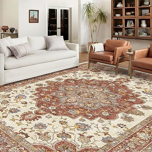 TOPRUUG Washable Oriental Area Rug - 9x12 Rugs for Living Room Soft Carpet for Bedroom Waterproof Floral Distressed Indoor Stain Resistant Non-Shedding Floor Carpets (Red, 9x12) - Image 2