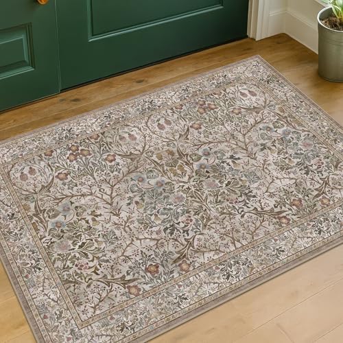 Moss Green Washable 2x3 Entry Rug - Front Door Rugs Indoor, Vintage Floral Style Small Rug for Kitchen, Bathroom, Non-Slip Boho Vintage Dark Taupe Entryway Décor by HazoHaus