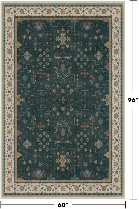 Hazo Haus Dark Green Oushak 5x8 Living Room Rug - Modern Vintage Boho Eclectic Floral Pastel, Washable Low Pile Non-Slip Large Area Rugs for Nursery Dining Under Table Bedroom Lounge - Image 2