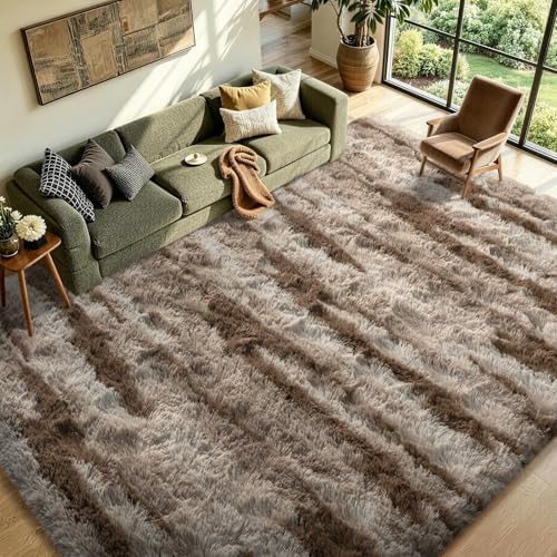 9x12 Non-Slip Fluffy Area Rugs For Living Room (Tie-dye Light Brown) - Image 3