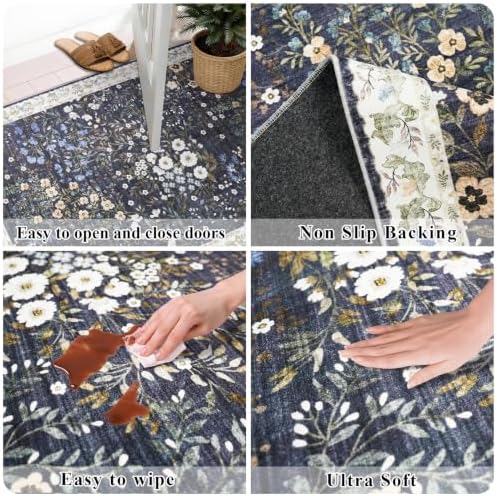 10x10 Square Area Rug Living Room: Boho Floral Washable Mat for Dining Room Bedroom Office High Traffic Area Soft Non Slip Low Pile Indoor Carpet for Vintage Farmhouse Home Decor (10ft Square, Blue) - Image 6