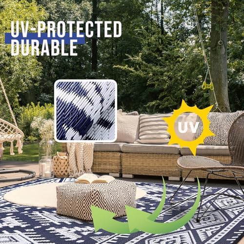 OLANLY Outdoor Rug 9x18 ft Waterproof Reversible Boho Mat, Navy & White - Image 4