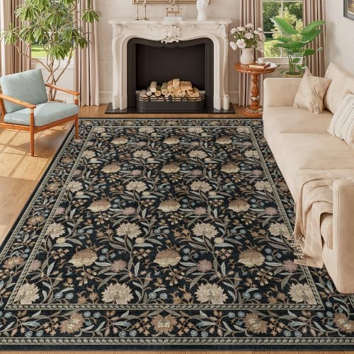 DUKINO 8x10 Area Rug, Vintage Floral Washable Rugs for Living Room, Black by DUKINO