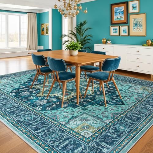 9x12 Turquoise Large Area Rugs for Living Room, Boho Washable Rug - Image 4