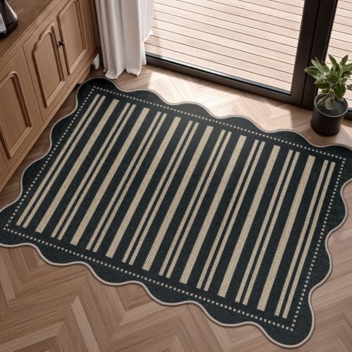 Striped Easy Jute Entryway Rug, 2x3 Black Indoor Outdoor Doormat, Washable Small Kitchen Rug Non Slip Farmhouse Scalloped Rugs for Front Door Entrance Bathroom by LORWER