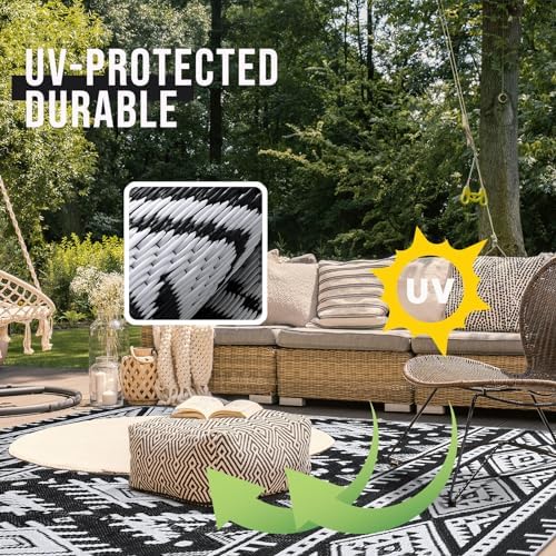OLANLY Outdoor Rug 4x6 ft Waterproof Reversible Boho Mat, Black & White - Image 4