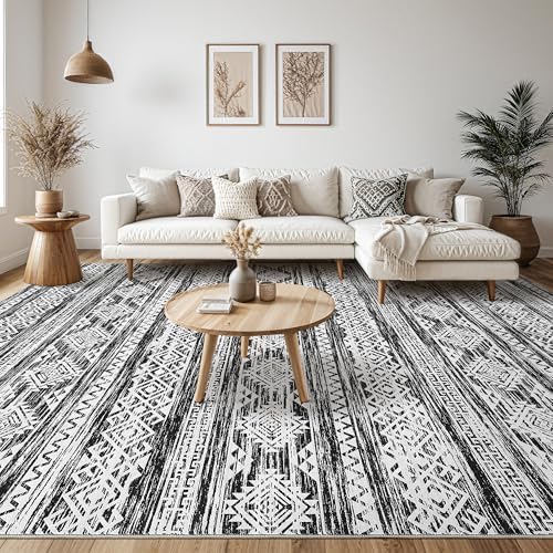 Tortania Area Rug Living Room Rugs - 12x18 Washable Large Soft Neutral Boho Moroccan Bohemian Farmhouse Rug Indoor Floor Carpet for Bedroom Under Dining Table Home Office Decor - Black White - Image 7