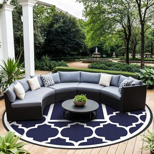 GENIMO Outdoor Rug, Waterproof Plastic Rugs for Patio, 10' Round Blue White by GENIMO
