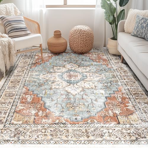 BESTSWEETIE 3x5 Area Rug Washable Rugs for Living Room, No Pile Boho Carpet for Entryway Bedroom Dinning Room, Vintage Carpet Print Distressed Non-Slip, 3 x 5 ft, Green Brick Rust Red - Image 2
