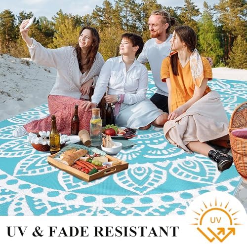Bsmathom Waterproof Outdoor Rug 9x12ft Large Reversible Boho Plastic Straw Patio Deck Camping Rugs, Indoor Outdoor Portable RV Mat Carpet for Outside, Porch, Balcony, Backyard, Beach, Pool,Teal - Image 5
