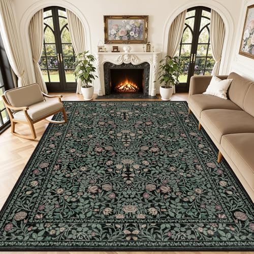 8x10 Area Rug Living Room: Soft Floral Washable Carpet Dark Green by EXPEDIX