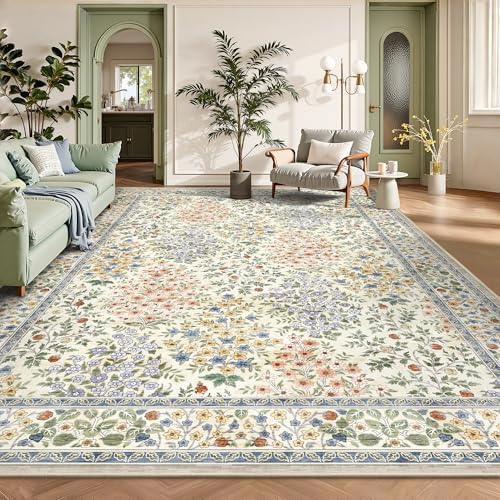 8x10 Area Rugs, Machine Washable Low Pile Floral Rugs for Living Room, Bedroom, Large Boho Area Rug with Non-Slip Backing for Dining Room(Beige Floral) by Yarooge