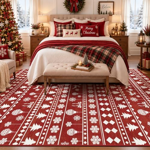 5x7 Christmas Holiday Area Rug, Washable Non‑Slip Low‑Pile Xmas Large Rugs for Living Room Bedroom Dining Room, Winter Indoor Christmas Home Decor(Red Sweater Bauble) - Image 3