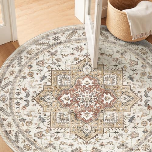 cotiled 8ft Round Living Room Area Rug, Washable, Traditional, Golden Taupe - Image 5