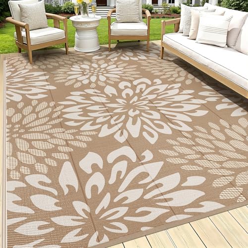 HEBE Waterproof Outdoor Rug 8'x10', Floral Reversible Plastic Patio Rug by HEBE