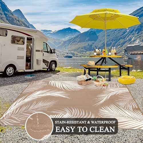 Pauwer Waterproof Outdoor Rug 9x12, Plastic Straw Patio Mat, Leaf Brown - Image 4