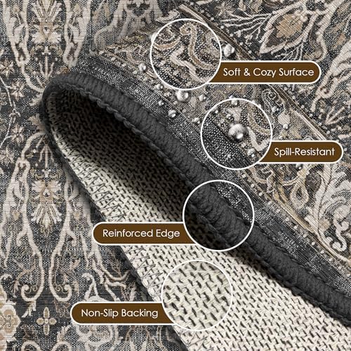 Washable Area Rug 6' x 9' Vintage Traditional Persian Mat - Foldable Distressed Non-Slip Machine Washable Carpet for Living Room Bedroom Kitchen Home Decor - Ebony and Taupe - Image 6