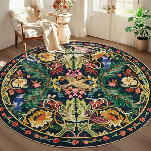 nesrt Jungle Round Area Rugs 8ft for Living Room, Soft Non-Slip Boho Circle Bedroom Rug, Washable Low Pile Floral Woodland Birds Throw Carpet for Dining Room Nursery Playroom (Dark Green) by nesrt