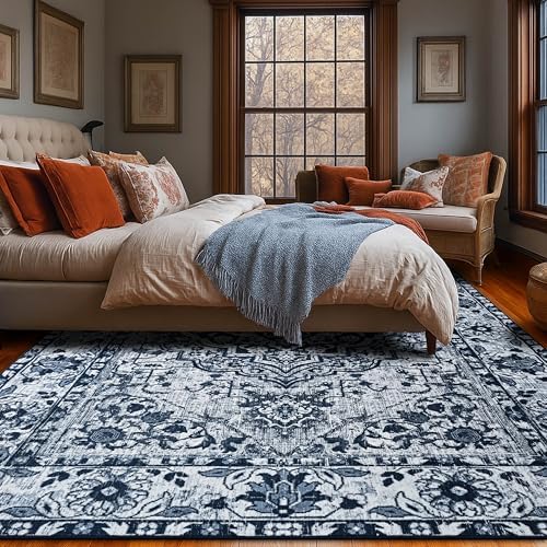 YJ.GWL Area Rugs for Living Room 6x9 Machine Washable Rugs, Non Slip Floral Vintage Rug Indoor Carpet, Stain Resistant Large Rug for Bedroom Dining Room, Navy Blue - Image 4