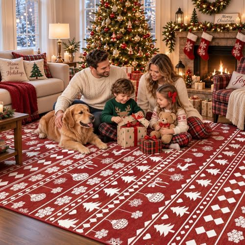 5x7 Christmas Holiday Area Rug, Washable Non‑Slip Low‑Pile Xmas Large Rugs for Living Room Bedroom Dining Room, Winter Indoor Christmas Home Decor(Red Sweater Bauble) - Image 5