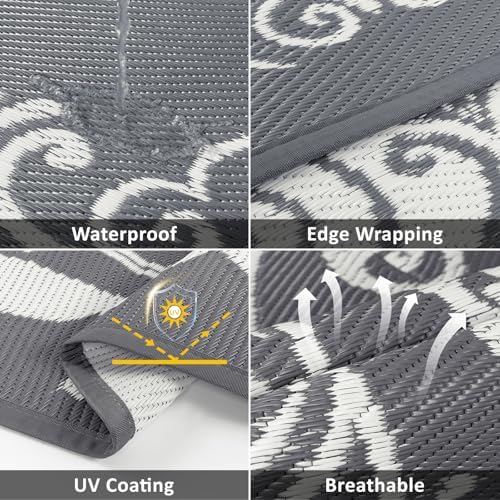 Pauwer Waterproof Outdoor Rug 8ft, Plastic Straw Patio Mat, Paisley Grey - Image 3