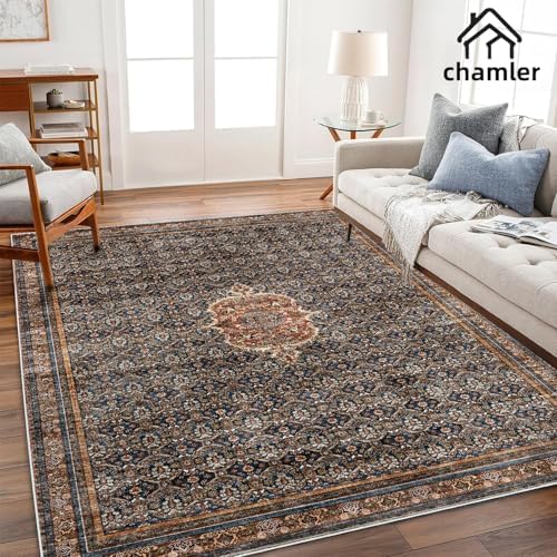 chamler Area Rug 8x10 Washable Vintage Rug Traditional Mat Distressed Indoor Foldable Thin Retro Accent Floral Large Rugs Non Slip Carpet for Living Room Dining Room Office - Image 2