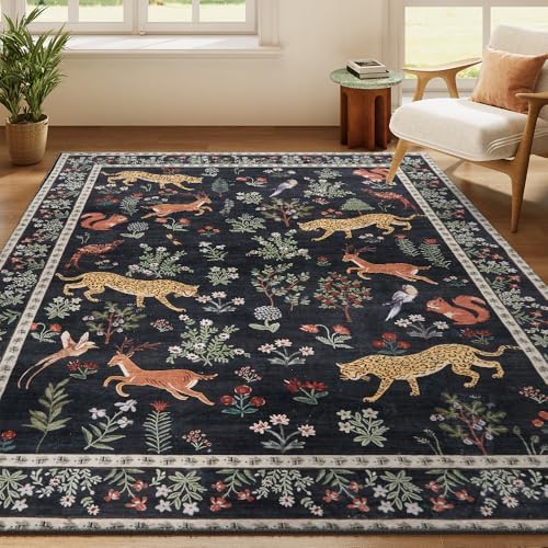 8x10 Black Animal Washable Area Rug for Living Room, Vintage Print by Unknown