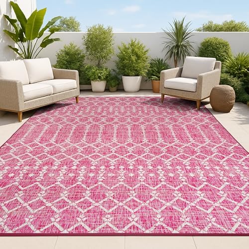 JONATHAN Y Moroccan Geometric Indoor Outdoor Area Rug 5X8 Fuchsia/Light Gray, Ourika Textured Weave for Backyard, Patio, Porch, Easy-Cleaning, High Traffic, Pet-Friendly, Non-Shedding (SMB108Q-5) by JONATHANY