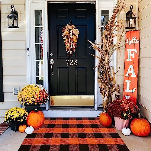 Fall Door Mat Orange and Black Plaid Rug Autumn Halloween Thanksgiving Rug - Image 4