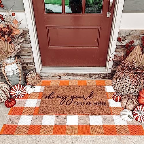 Fall Outdoor Rug Orange Buffalo Plaid Outdoor Rug Cotton Hand-Woven Buffalo Check Rug Layered Doormats for Front Door/Front Porch/Farmhouse/Entryway/Patio(Orange and White Plaid, 27.5'' x 43'') - Image 2