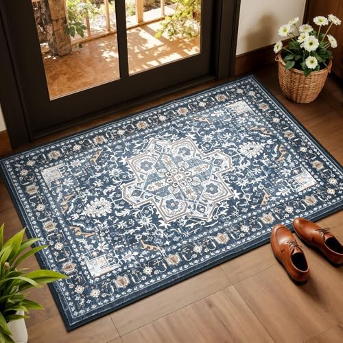 Rugflix 2x3 Entrance Rugs, Washable Navy Blue Entry Small Rug by RugflixAreaRugs