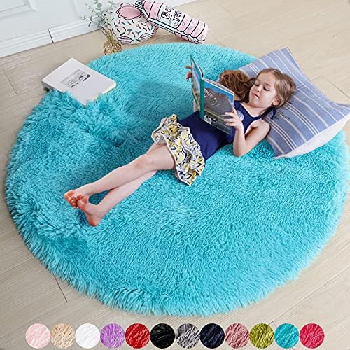 Amdrebio Blue Round Fluffy Shag Area Rug 5Ft for Bedroom Classroom Playroom by Amdrebio