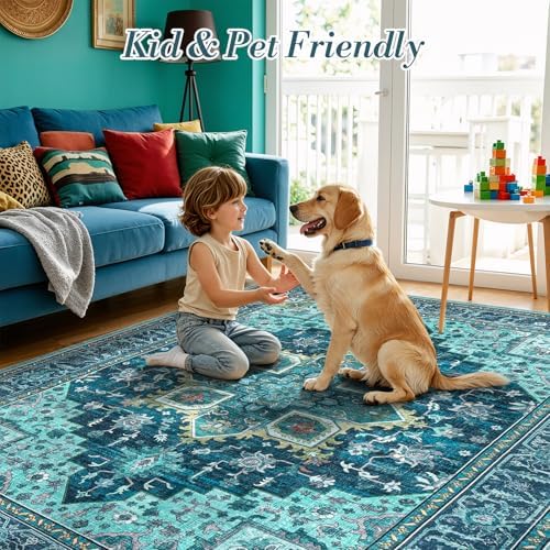 9x12 Turquoise Large Area Rugs for Living Room, Boho Washable Rug - Image 6