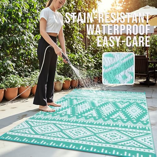 OLANLY Outdoor Rug 10x14 ft Waterproof Reversible Mat, Turquoise & White - Image 3