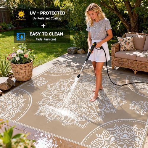 Pauwer Waterproof Outdoor Rug 8x10, Plastic Straw Patio Mat, Floral Brown - Image 4