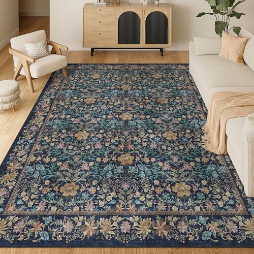 DUKINO 8x10 Area Rug, Vintage Floral Washable Rug for Living Room Dark Blue by DUKINO
