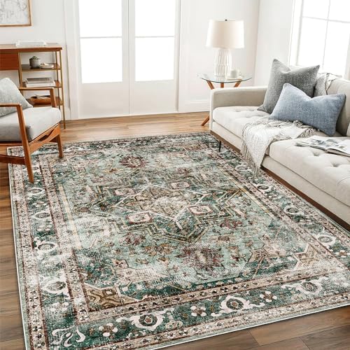 CHAMPLANT Green Area Rug 9'x12' Washable Vintage Traditional Mat Distressed Indoor Foldable Thin Retro Accent Floral Print Rug Non Slip Carpet for Living Room Dining Room Office by CHAMPLANT