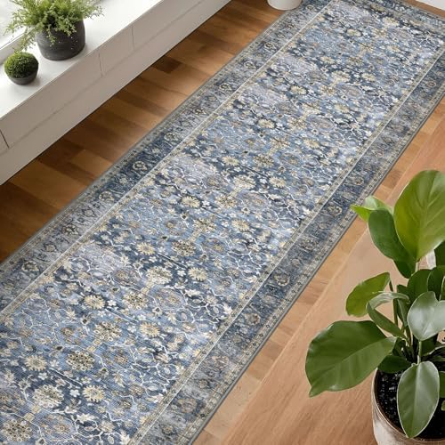 KUTA Vintage Washable Long Hallway Runner Rug 2.6x16 Blue Grey Beige - Image 4