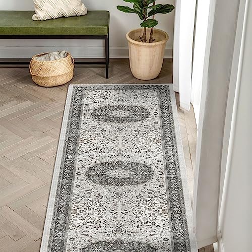 Hallway 2x5 Washable Runner Rug: Oriental Stain Resistant Kitchen Entryway Rugs Farmhouse Ultra Soft Bathroom Bedroom Print Floor Mat Thin Non Slip Indoor Carpet for Living Room Laudry(2X5, Grey) - Image 2