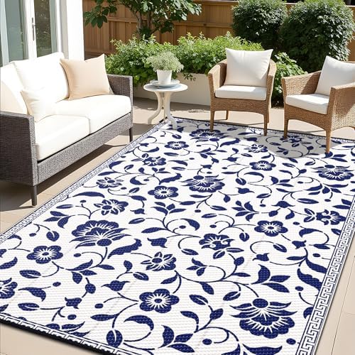 OLANLY Outdoor Rug 8x10 ft Waterproof Reversible Floral Mat, Navy & White by OLANLY