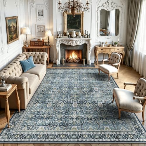 6x9 Area Rugs - Washable Vintage Retro Living Room Rug, Soft Ultra Thin Non Slip Low Pile Traditional Distressed Boho Carpet for Bedroom Dining Room Nursery Home Office, Blue by Yarooge