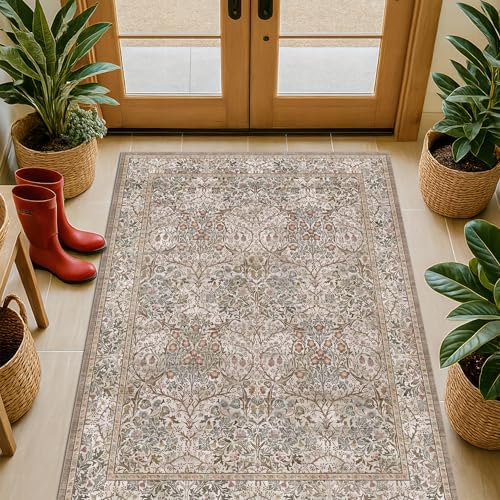 Vintage Moss Green Entryway Rug, 3x4 Washable Area Rugs for Kitchen, Bathroom, Bedroom, Oriental Low Pile Stain Resistant Non-Slip Small Throw Rug - Image 6