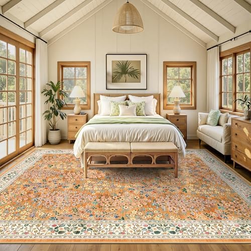 8x10 Area Rugs, Machine Washable Low Pile Floral Rugs for Living Room, Bedroom, Large Boho Area Rug with Non-Slip Backing for Dining Room(Orange Floral) - Image 3