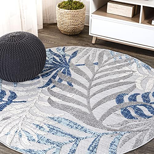 JONATHAN Y Tropics Palm Leaves Indoor Outdoor Round Area Rug 6 Ft Gray/Blue by JONATHANY